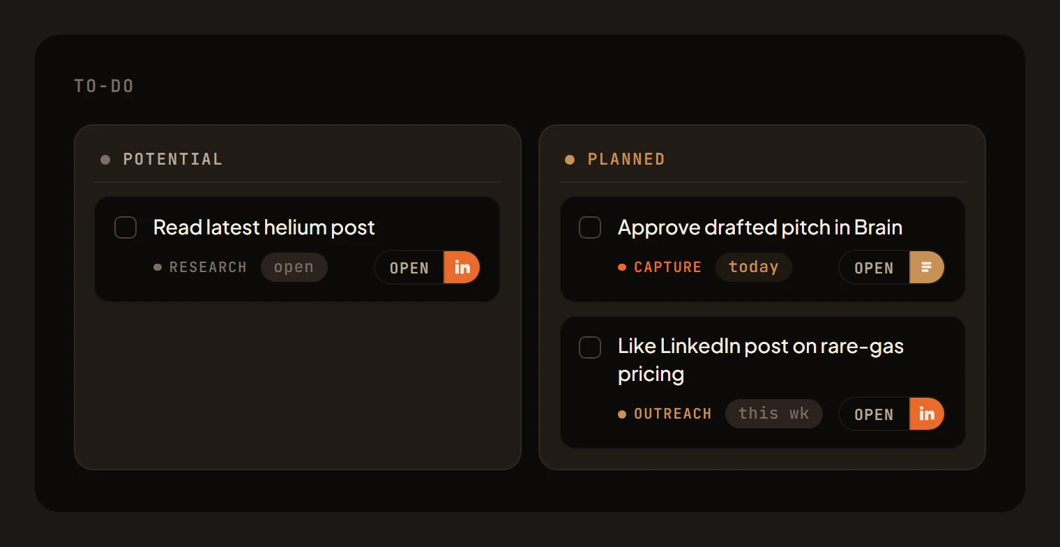 Hadef Following for Martin Denman: a slice of his to-do board (read his latest helium post, approve the drafted pitch, like his LinkedIn post on rare-gas pricing); on phones, his card: Partner, Energy and Process Industries at Kearney, earmarked and not yet pitched, added from Acquired.